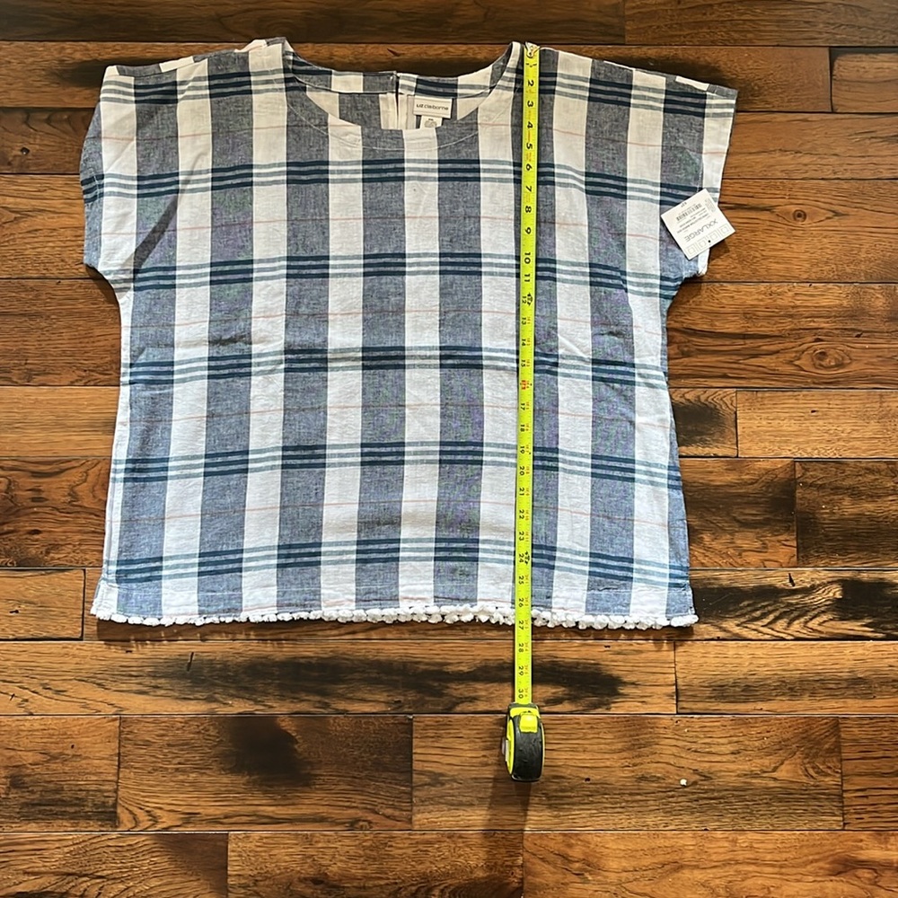 Liz Claiborne Blue, White, Light Pink Plaid Short Sleeve Blouse